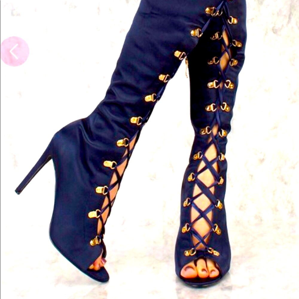 Royal Blue Lace Up Front Thigh High Boots—New